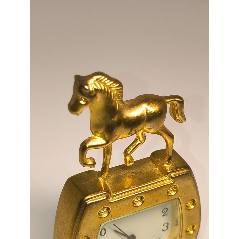 Horse & Lucky Horseshoe Mini Desk Clock Gold Tone- Equestrian Collectible- Works - Picture 5 of 8